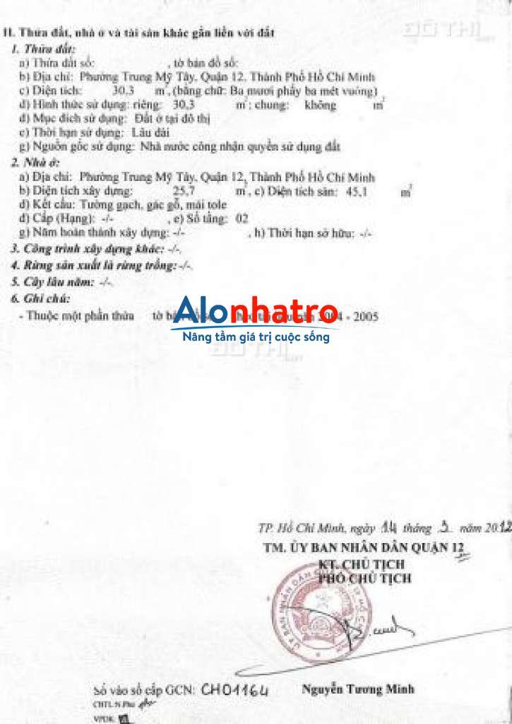 Bán nhà 3 x 10m, Đường Song Hành, Trung Mỹ Tây, Q12